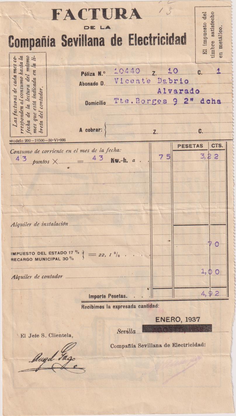 Factura de la Compañía Sevillana de Electricidad de 1937. Al dorso Publicidad de cocinas