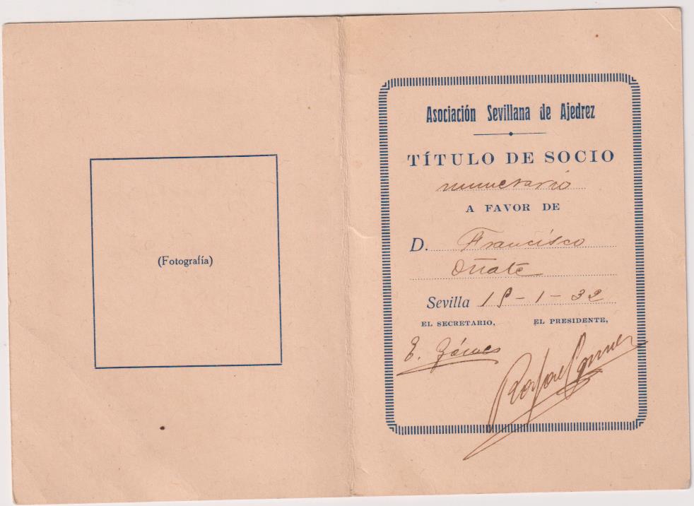Asociación Sevillana de Ajedrez. Carnet de Socio. Sevilla 15-1-1932. RARO