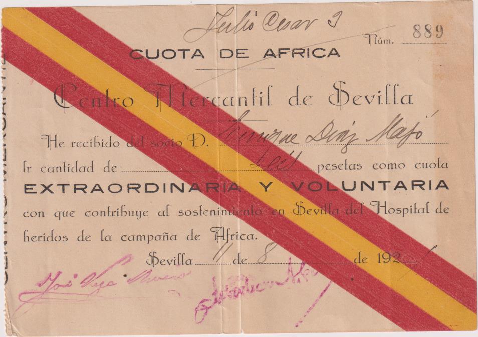 Cuota de África. Centro mercantil de Sevilla. Cuota Voluntaria para el Hospital de Heridos de la Campaña de África. Sevilla 11-8-1920