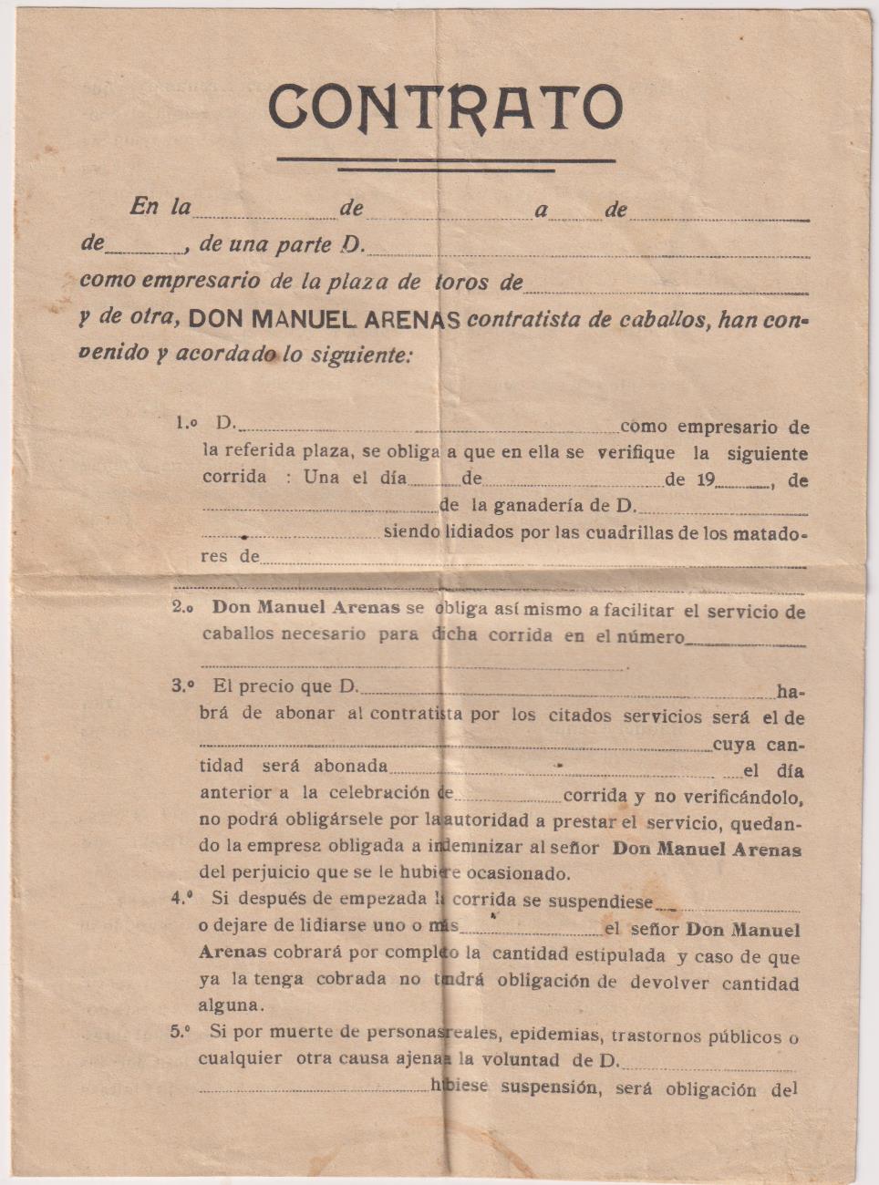 Contrato de Manuel Arenas contratista de caballos con las Plazas de Toros. 1900