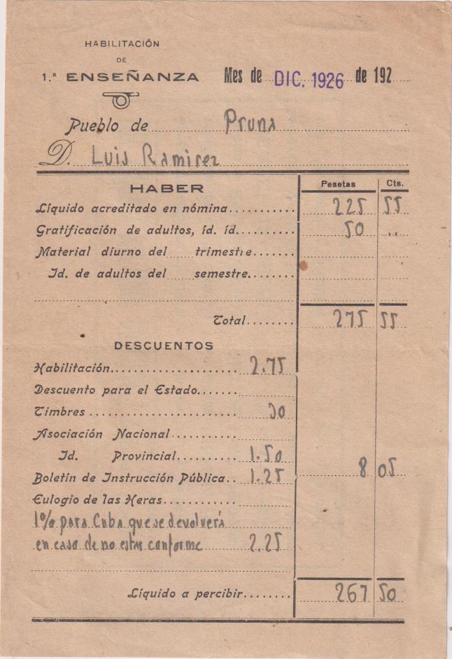 Nomina de un Maestro nacional en Pruna (Sevilla) Diciembre de 1926