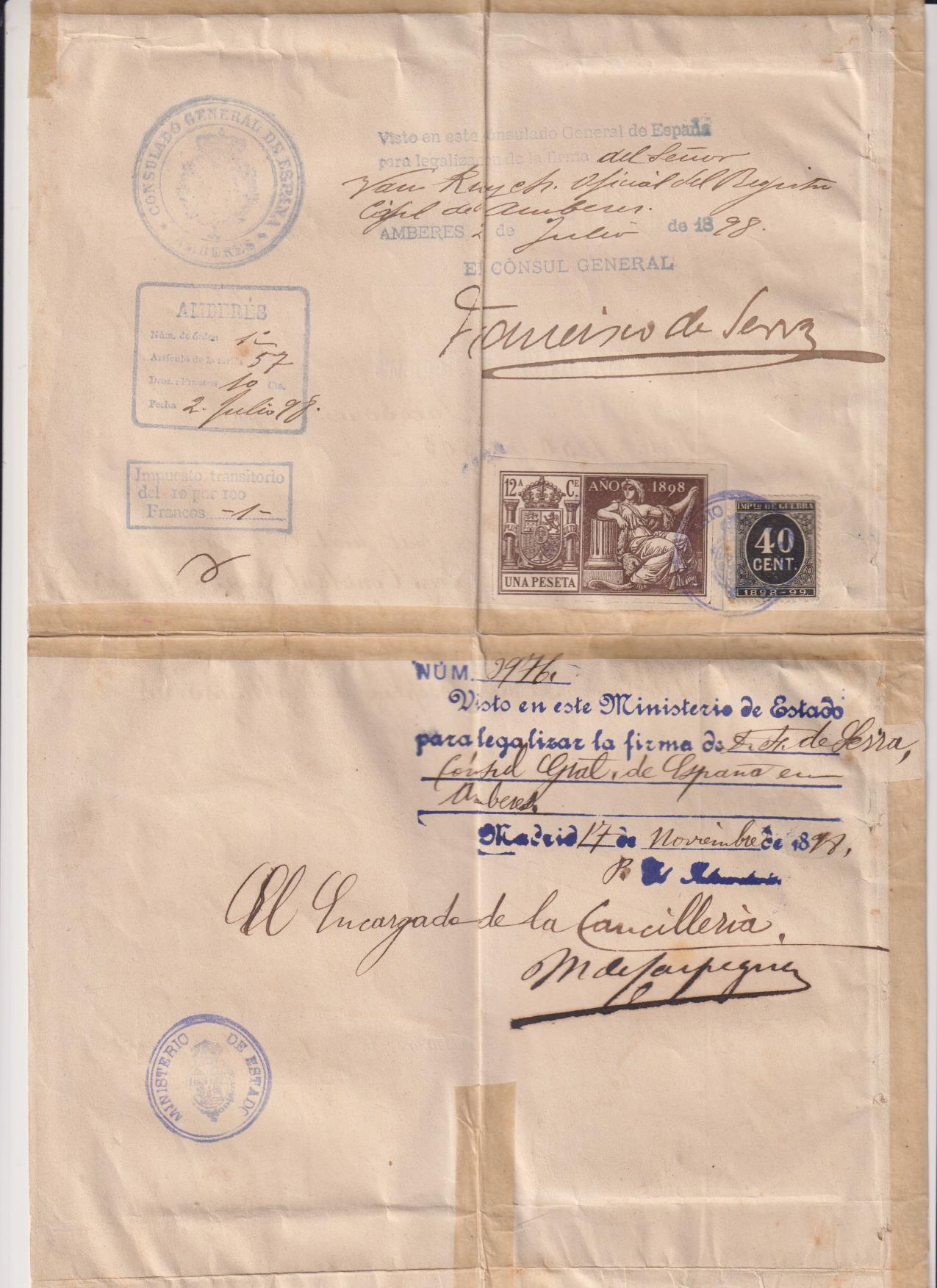 Partida de nacimiento, Anvers, 1898. Visto y firmado por el Consul Español. Timbres -
