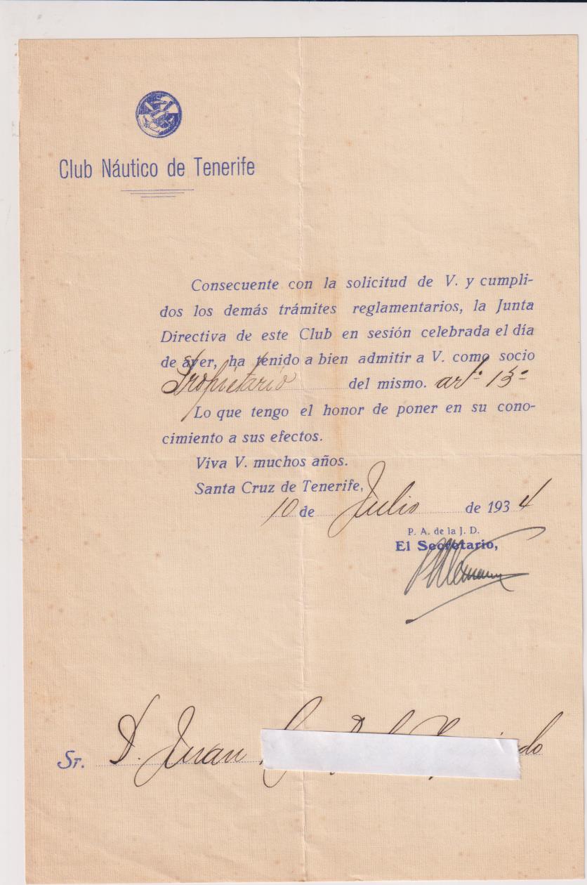 Club Náutico de Tenerife. Admisión de un nuevo socio. Santa Cruz de Tenerife 1934