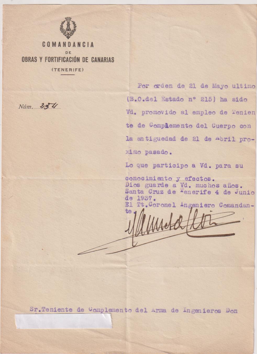 Comandancia de Canaria. Documento por el que se promueve a Teniente... Año 1937