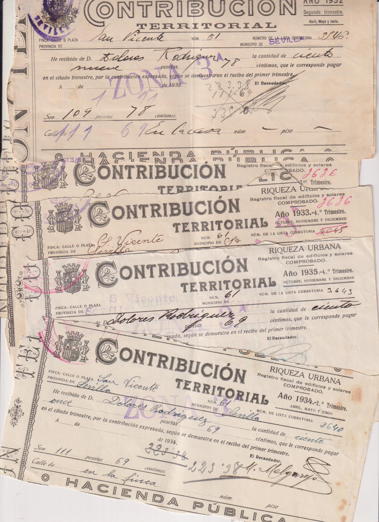 Lote de 8 recibos de Contribución territorial. Años 1932,1933,1934 y 1935