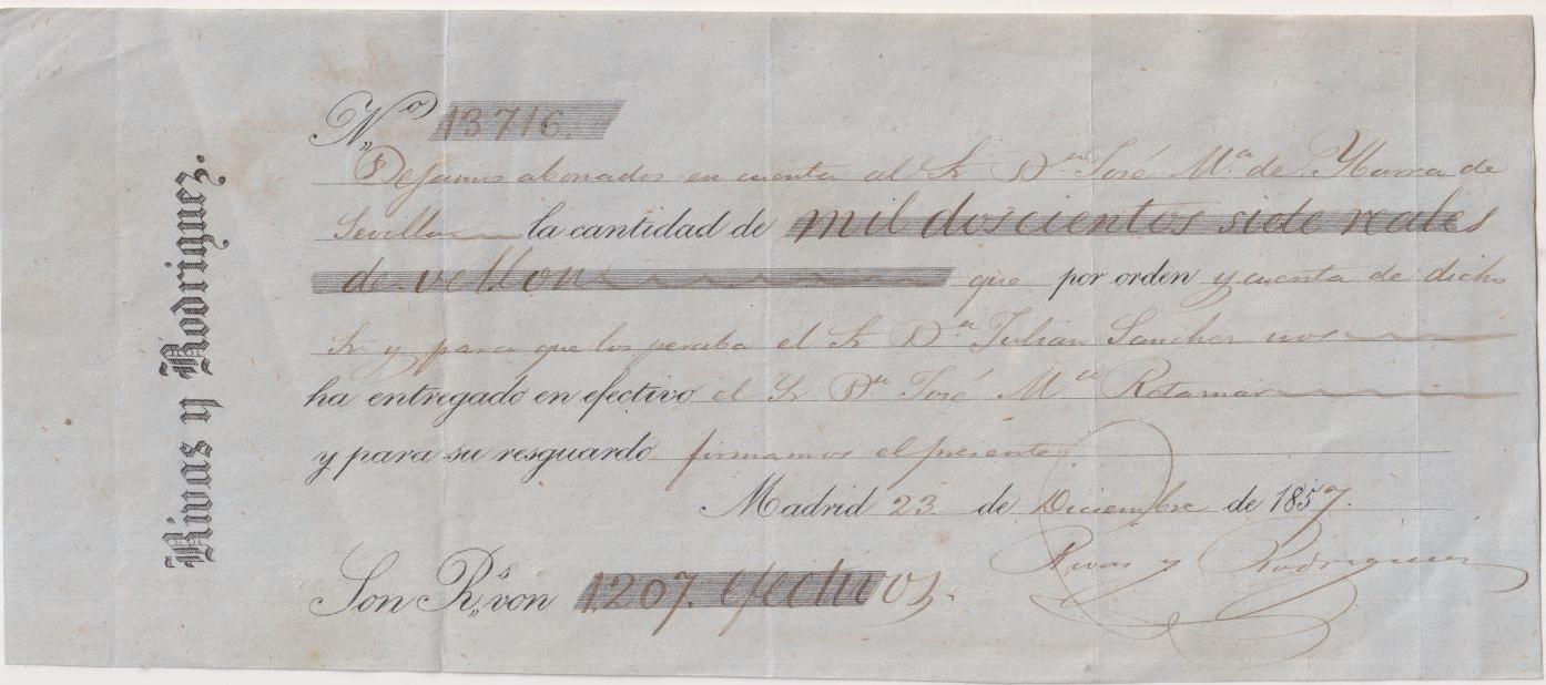 Letra de Cambio por 1207 Reales de Vellón. Pagadero en Sevilla a J. Mª. de Ibarra. Madrid 23 Dic. 1857