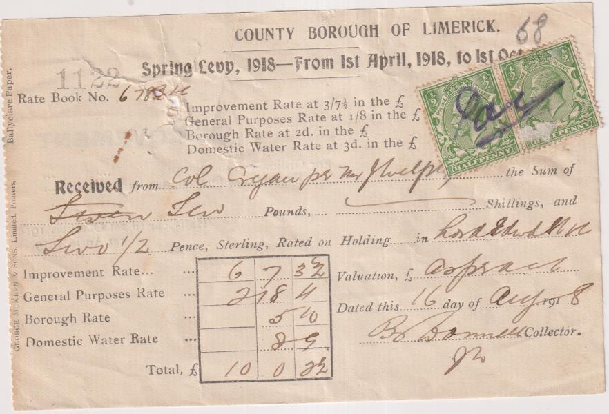 Gran Bretaña. Condado de Limerick. Liquidación de Índice de Mejoras al Coronel