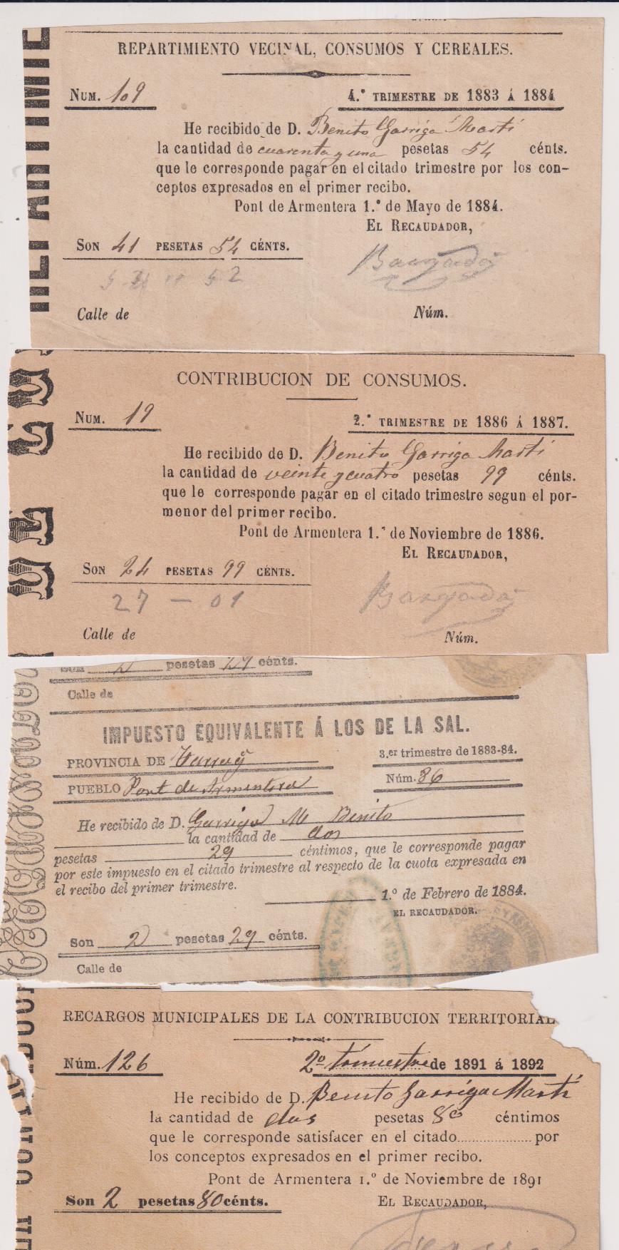 Pont de Armentera (Tarragona) 4 Recibos (1883-91) 