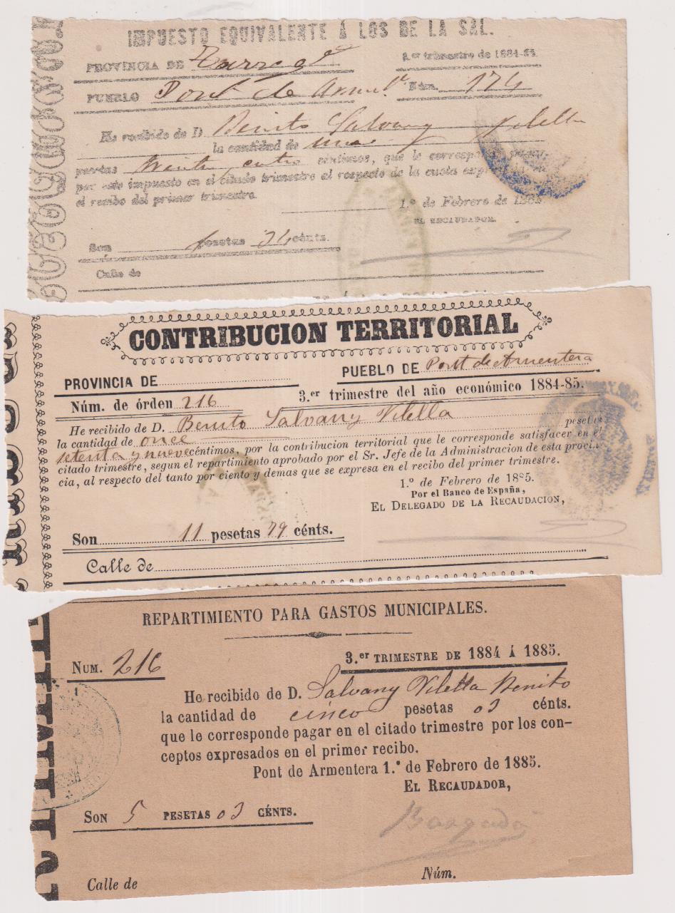 Pont de Armentera (Tarragona) 3 Recibos de pago (1884-85)