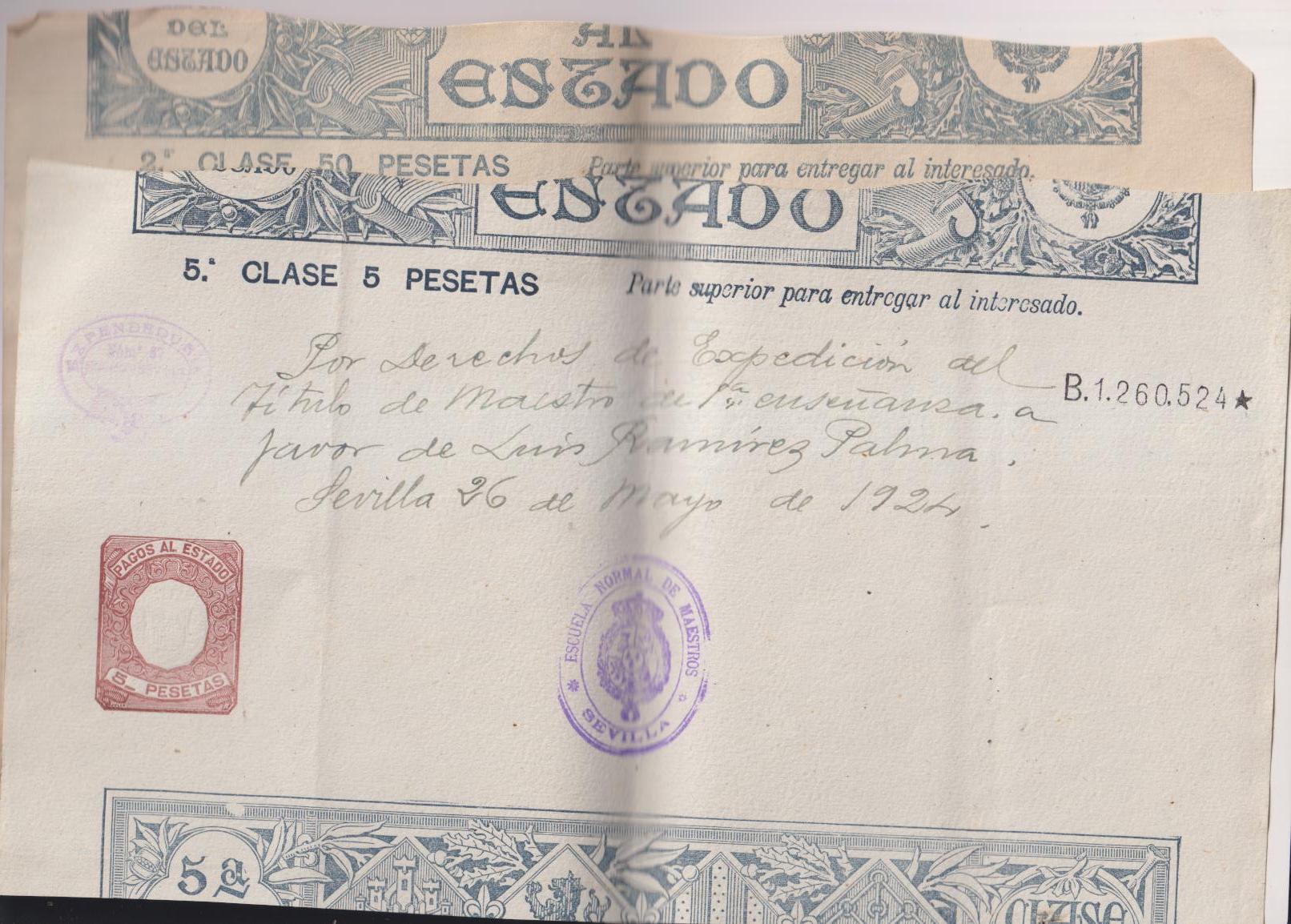 Pagos al estado. Sello fiscal - póliza - Timbre. Sevilla 1924. lote de 2: 2ª Clase 50 pesetas y 5ª clase 5 pesetas