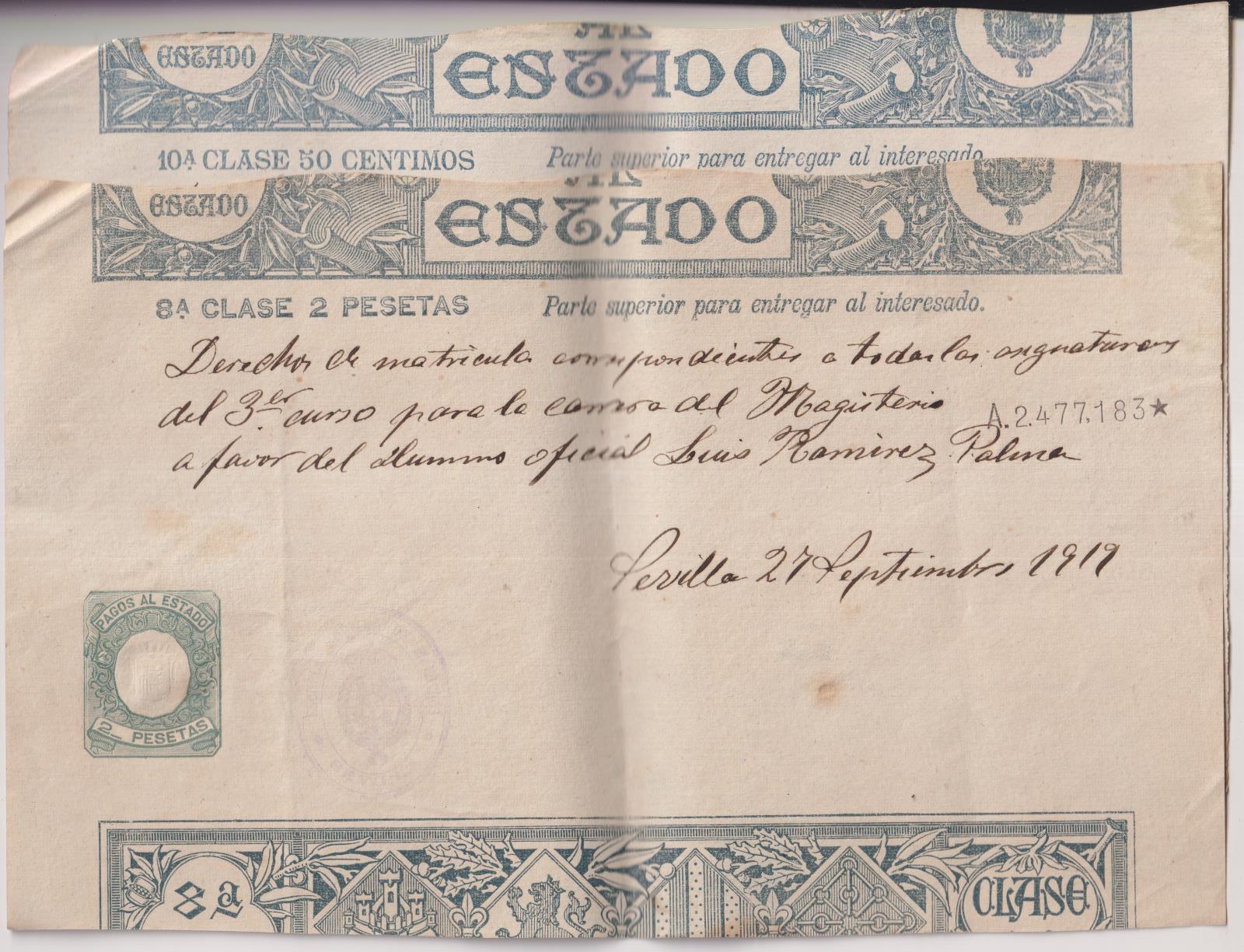 Pagos al estado. Sello fiscal - póliza - Timbre. Sevilla 1919. lote de 2: 8ª Clase 2 pesetas y 10ª clase 50 céntimos