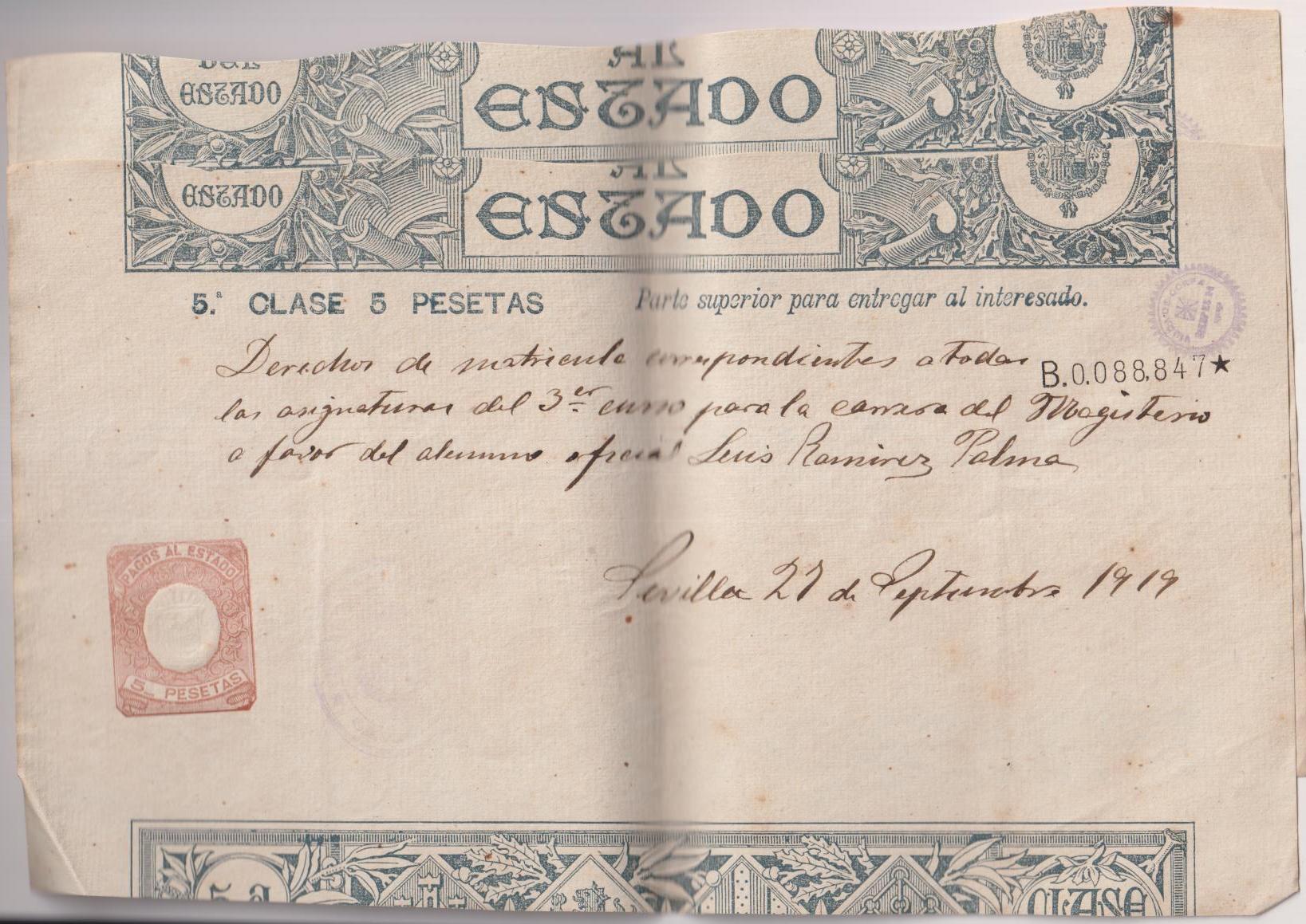 Pagos al Estado. Sello - Póliza - Timbre. Sevilla 1919. Lote 2. Clase 8ª 5 pesetas