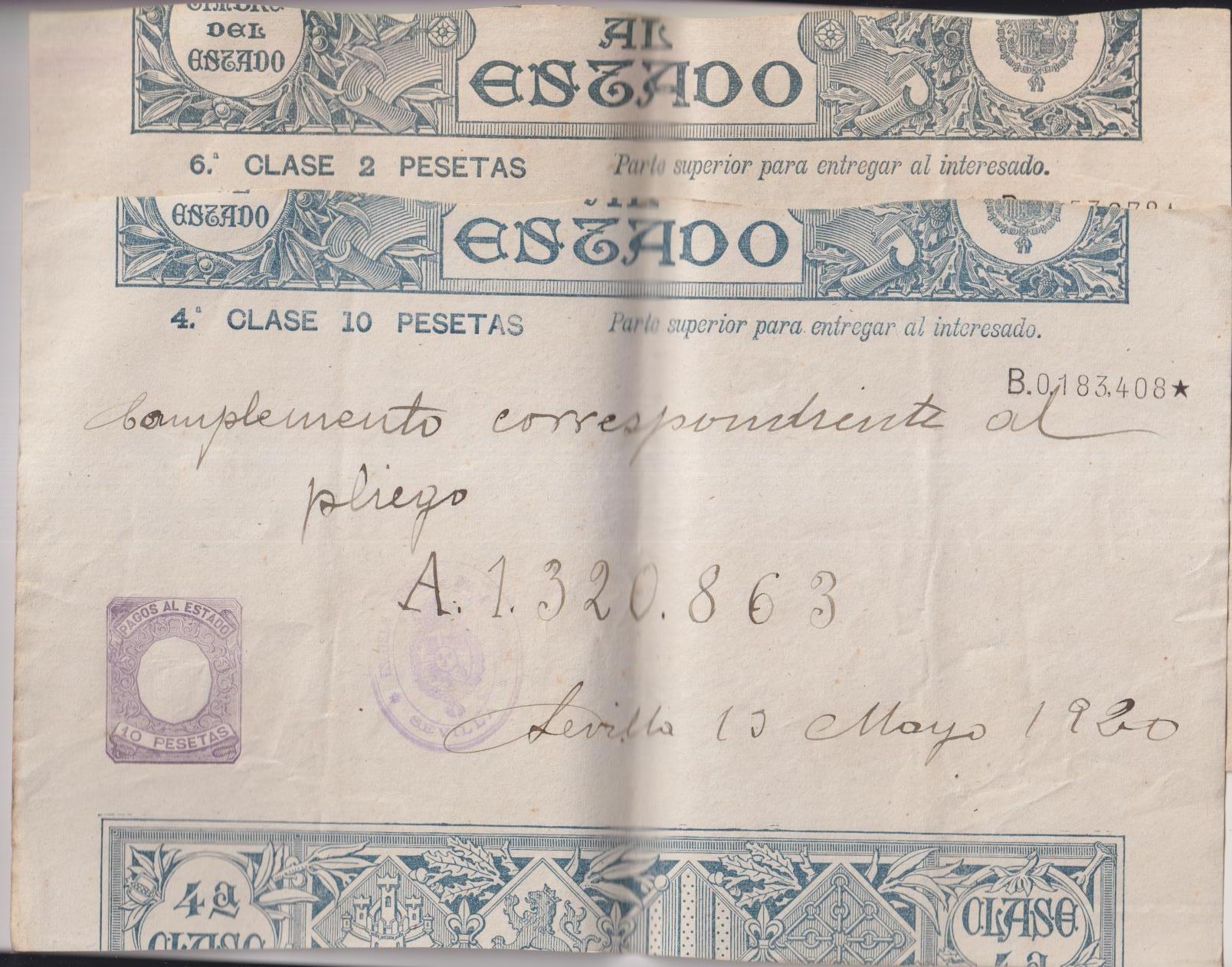 pagos al Estado. Sello - Timbre - póliza. Sevilla 1920. Lote de 2 : 4ª Clase 10 pesetas y 6ª clase 2 pesetas