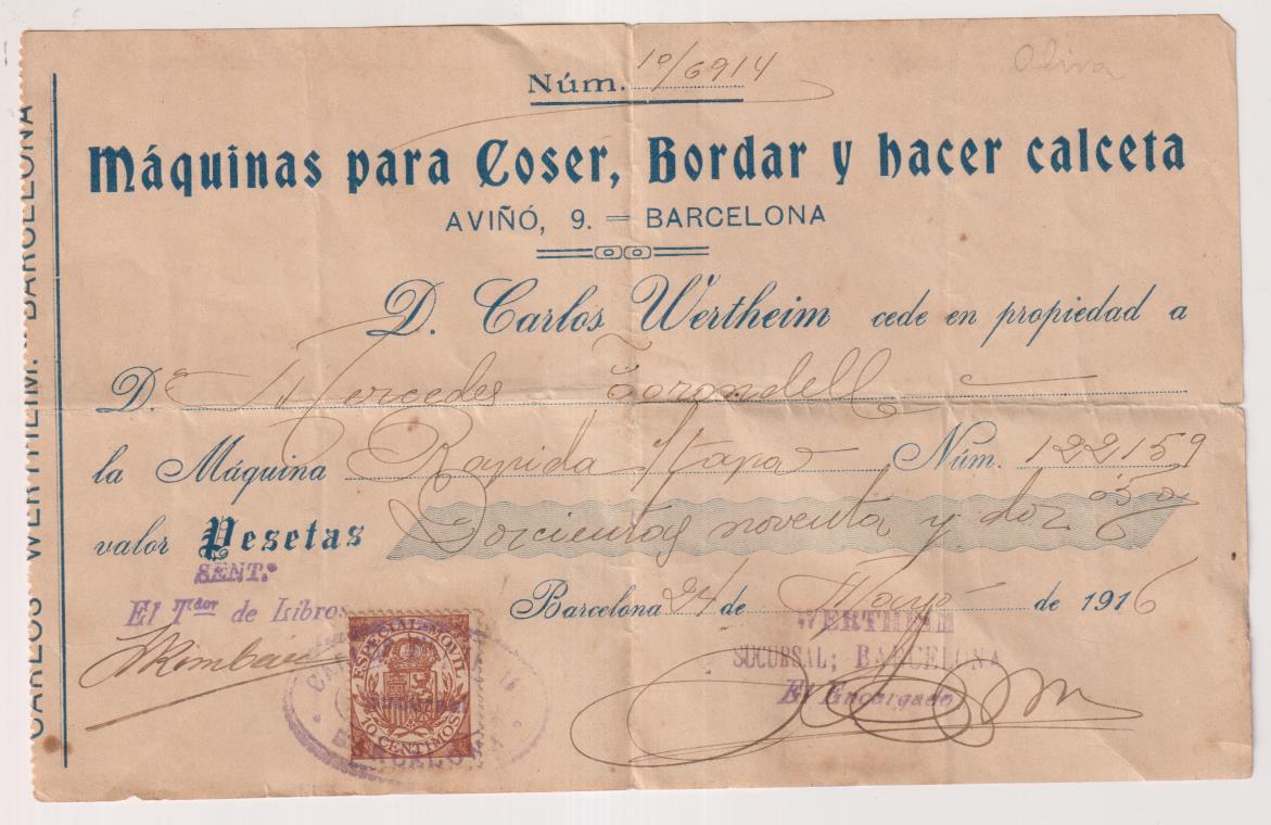 Factura de venta de una Máquina de Coser. D. Carlos Wertheimer cede en propiedad a (nombre) la máquina Rápida por Doscientas Noventa y dos Pts. Año 19