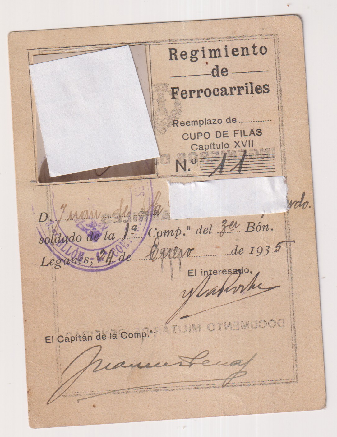 Documento Militar de Identidad. (nombre) Cupo de Filas. Capitulo XVII. Ingenieros del ejercito. Ferrocarriles. 24 de enero de 1935