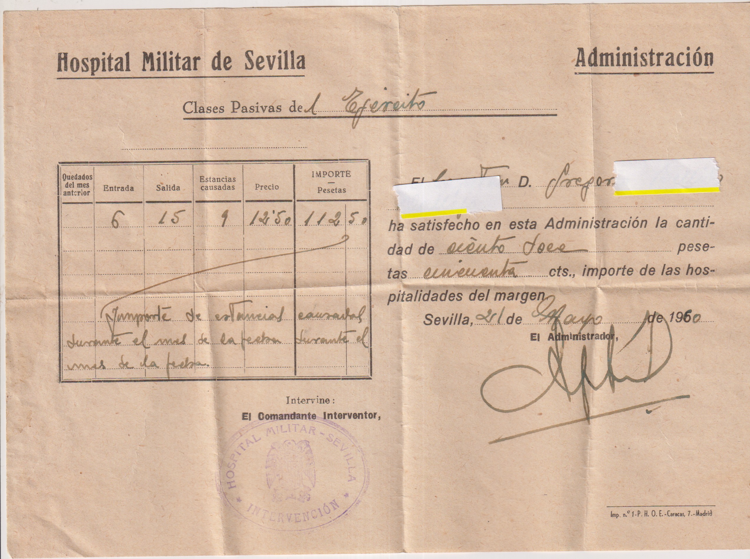 Hospital Militar de Sevilla. El Capitán (nombre) ha satisfecho en esta Administración la cantidad de ciento doce pesetas cincuenta céntimos. 1960