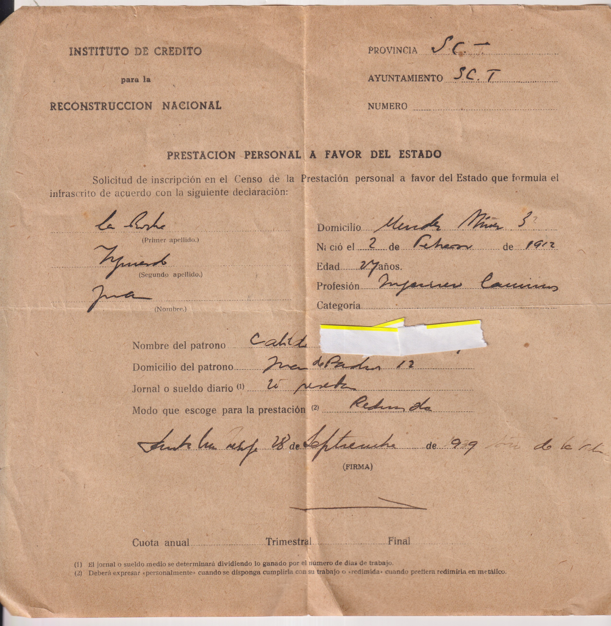 Instituto de Crédito para la reconstrucción Nacional. Prestación personal a favor del estado. Año 1929