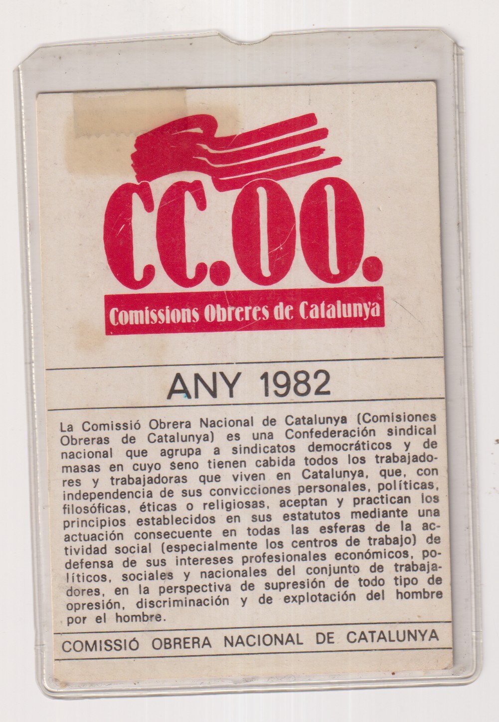 Carnet. Comissions Obreres de Catalunya. Any 1982