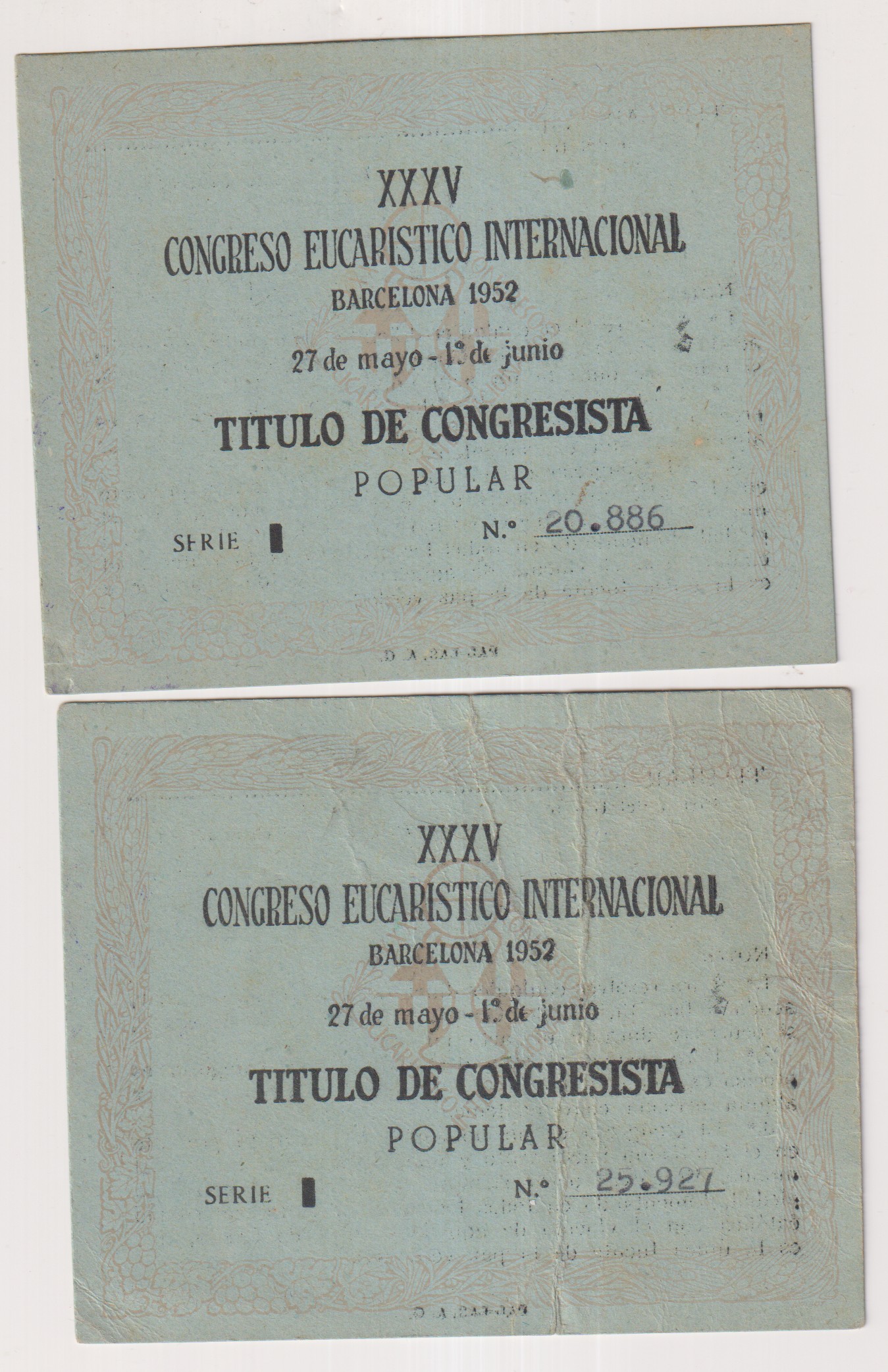 XXXv Congreso Eucarístico Internacional. Barcelona 1952. Lote de 2 Títulos de congresista popular