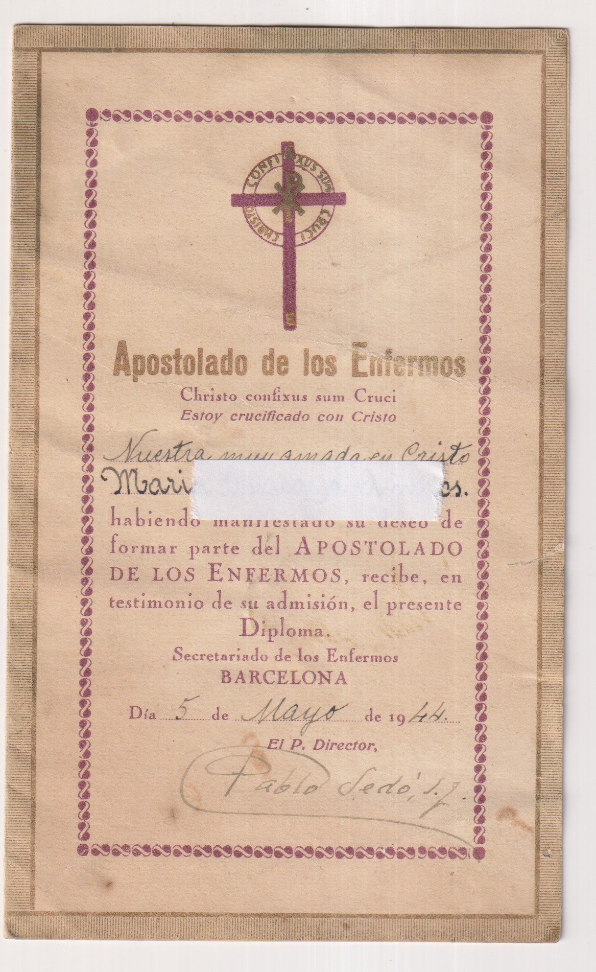 Diploma del apostolado de los Enfermos. Barcelona 5 Mayo 1944. Doble hoja
