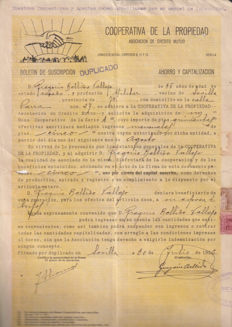 Cooperativa de la Propiedad. Asociación de crédito Mutuo. Boletín de suscripción. 1926. Sevilla