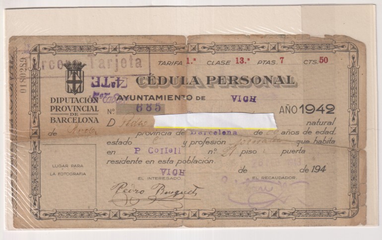 Cedula personal Ayuntamiento de Vich 1942