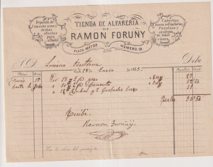 Tiende de Alfarería de Ramón Foruny. Vich 1883. Factura de compra por 90,50 reales