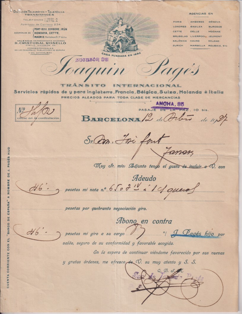 Joaquín Pagés. Transito internacional, factura por 650 pesetas. Barcelona 1927