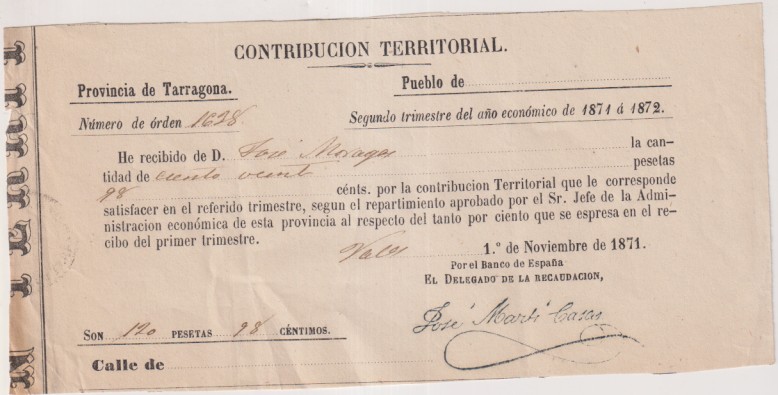 Contribución territorial Provincia de Tarragona. Segundo trimestre del año económico. la cantidad de 120 pesetas con 98 céntimos. 1º de noviembre 1871