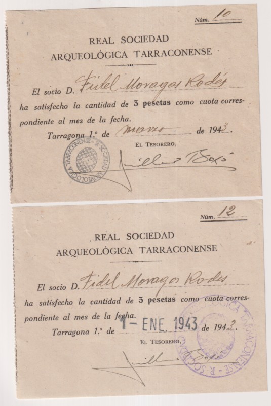 Real sociedad arqueológica tarraconense dos recibos de pago de cuota de socio de enero y marzo de 1943