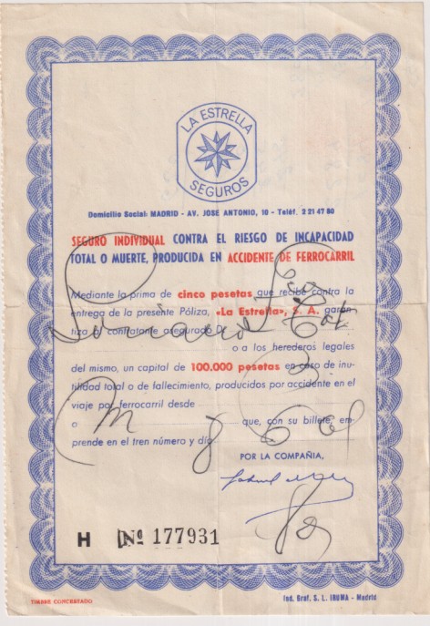 Póliza de Seguros La Estrella. Seguro individual contra el riesgo de incapacidad total o muerte, producida en accidente de ferrocarril. Madrid 1960