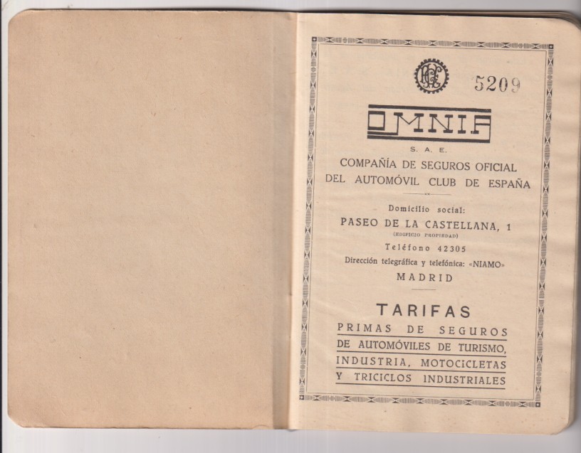 Omnia. Manuel Jácas. Paseo de la Castellana, 1. Madrid. Tarifas, Compañía de Seguros del R.A.C. de España. Libreta (15x11) Lista de precios de 1941