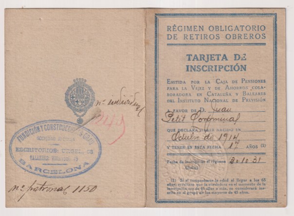 Régimen Obligatorio de retiros obreros. Tarjeta de Inscripción fechada el 30 del 10 de 1931. Al dorso Sello tampón de Fundiciones Grau. Barcelona