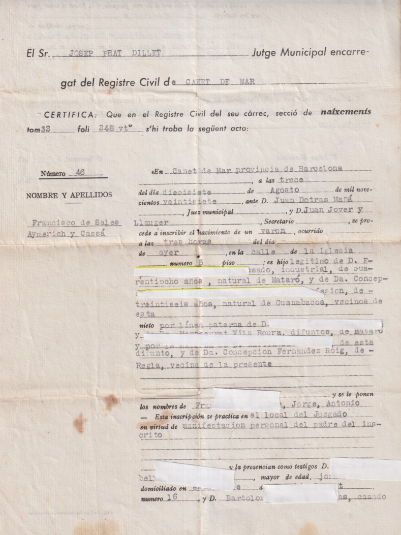 Juez Municipal encargado del Registro Civil de Canet de mar. Certificado partida de nacimiento. Canet de Mar 1935