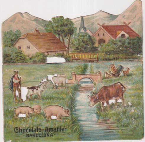 Chocolate Amatller. Paisaje Campestre. Diorama 3D. (12,5x12 c.) Los animales, figura, puente.. están troquelados excepto por la base, al ponerlo en -
