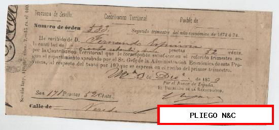 recibo de contribución territorial. Provincia de Sevilla. Año 1874