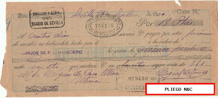 letra de cambio. Sevilla 1900. Con sello adicional 10 cts. Marrón timbre móvil 1900