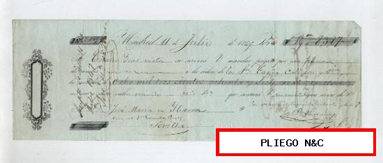 Letra de Cambio por 8387 Reales de Vellón. Madrid 1849. Pagadera en Sevilla