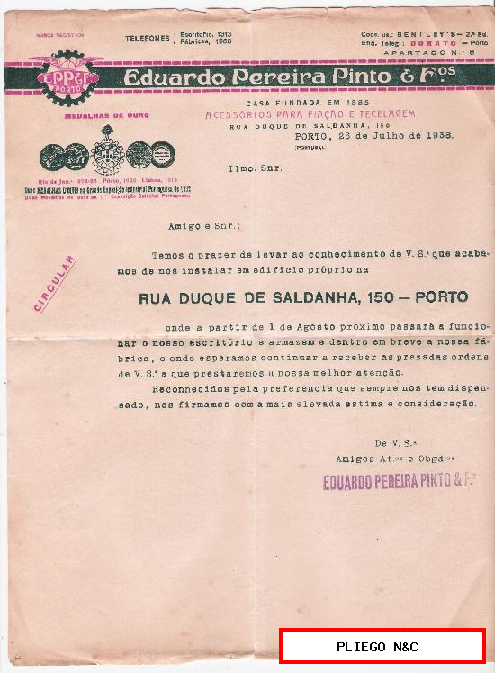 Eduardo Pereira Pinto. Acessorios para fiaçao e tecelagem. Oporto 1938