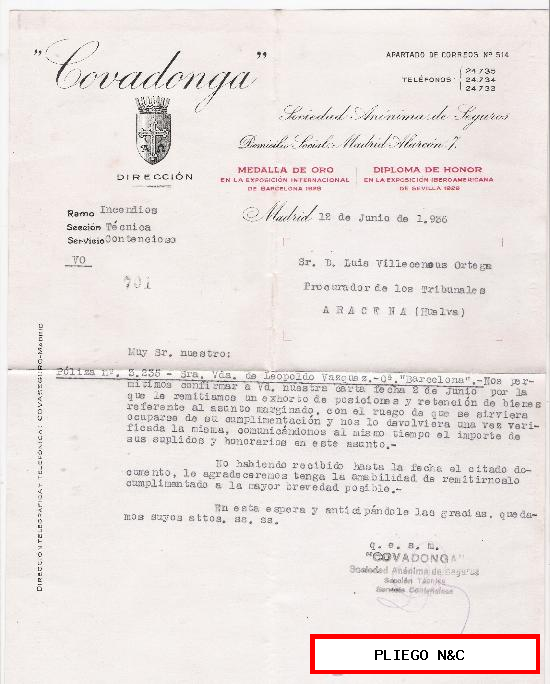 Seguros Covadonga. Madrid 12 Junio 1936