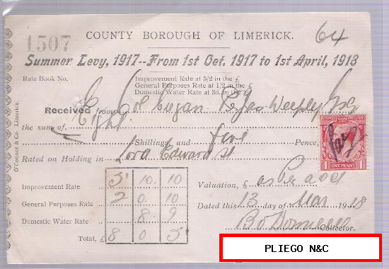 County Borough of Limerick. Marzo 1918. Sello de 1 penny