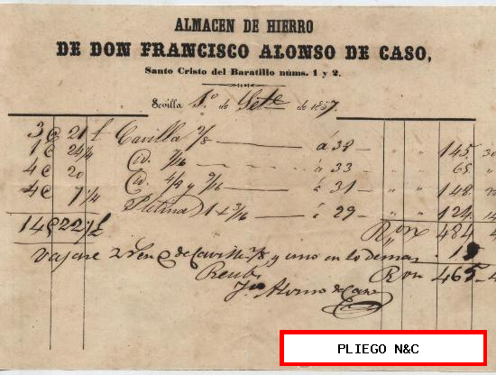 Almacén de Hierro de Don Francisco Alonso de Caso Fechado en 1857 en Sevilla