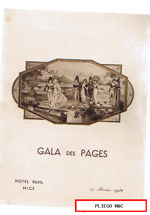 Menú. Gala des pages. Hotel Ruhl. Nice. 17 Febrier 1934
