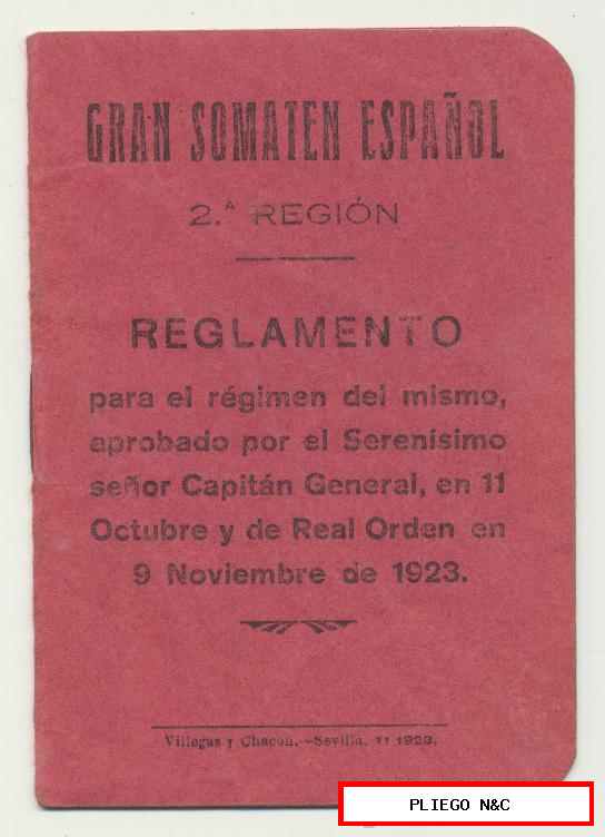Gran Somatén Español 2ª Región. Reglamento 1923. Librito de 20 páginas