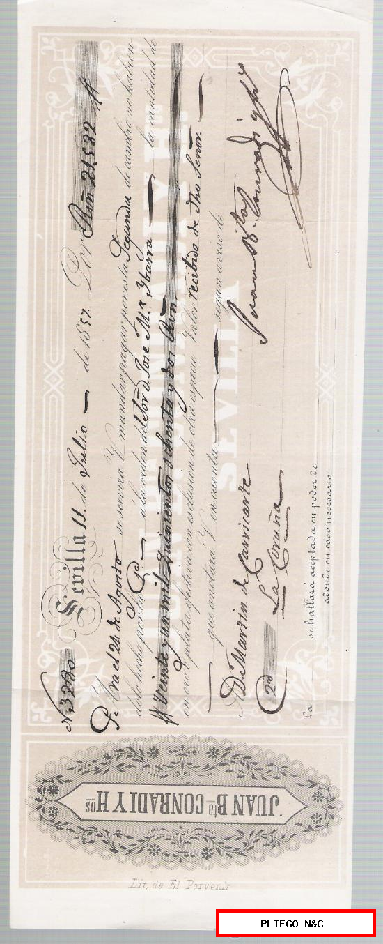 Letra de Cambio por 21. 5882 Reales de vellón. Sevilla 1857. Pagadera en la Coruña. Membrete