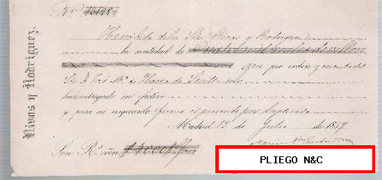 Recibo de Cobro por 4.000 Reales de vellón. Madrid 1857. Membrete de Rivas y Rodríguez