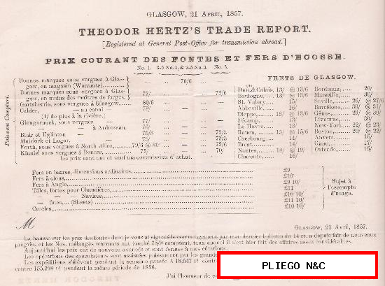 Theodor Hertz´s Trade Report. Prix courant des fontes et fers d´Ecosse. Glasgow 21 April 1857