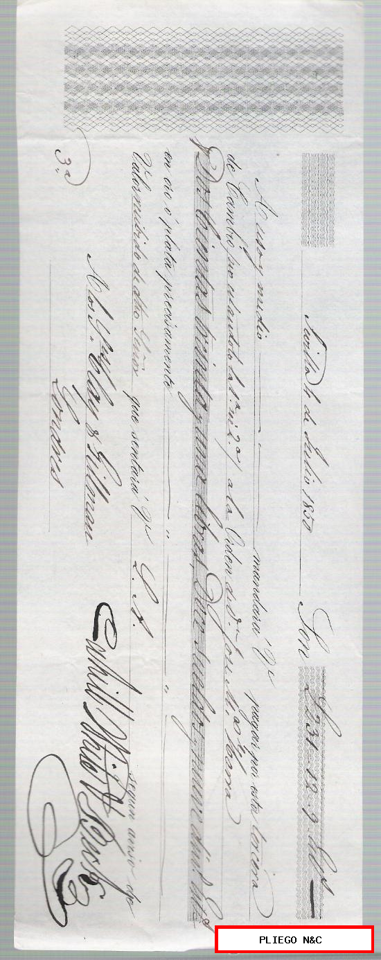 Letra de Cambio por 231 Libras Esterlinas 12 sueldos y nueve din. Sevilla 1850. Pagadera en Londres