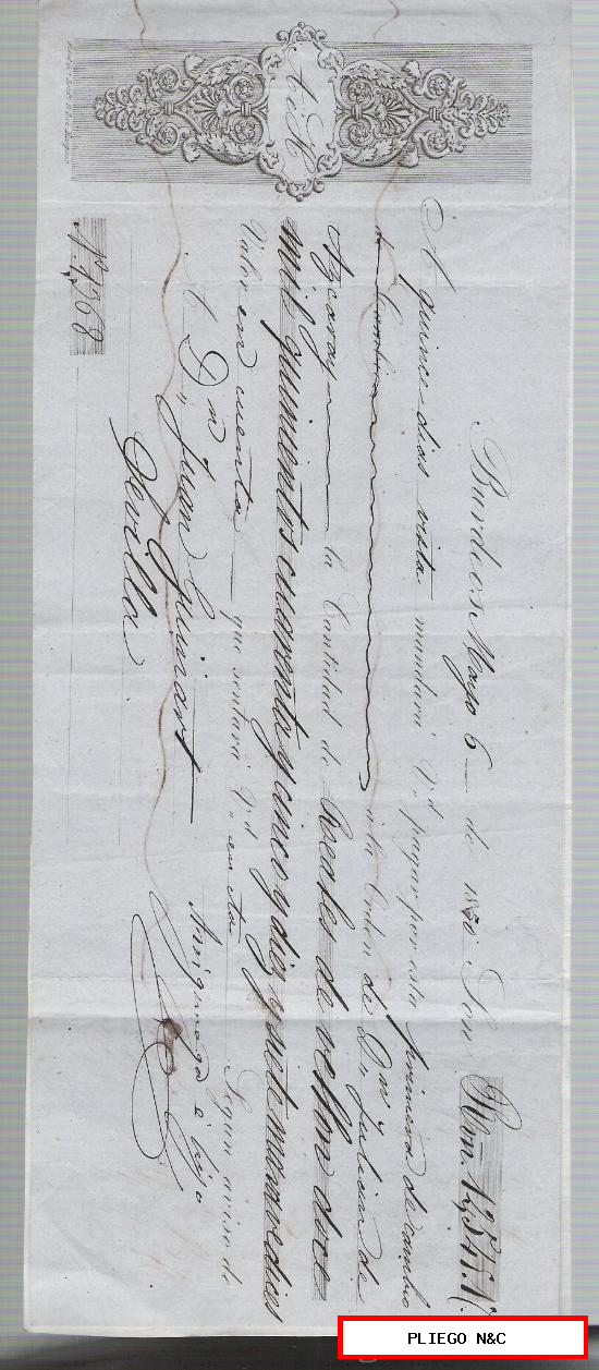 Letra de Cambio por 12.545 Reales de vellón y 17 maravedices. Burdeos 1850. Pagadera en Sevilla