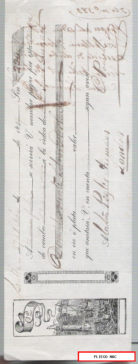 Letra de Cambio por 220 Libras Esterlinas. Sevilla 1849. Pagadera en Londres
